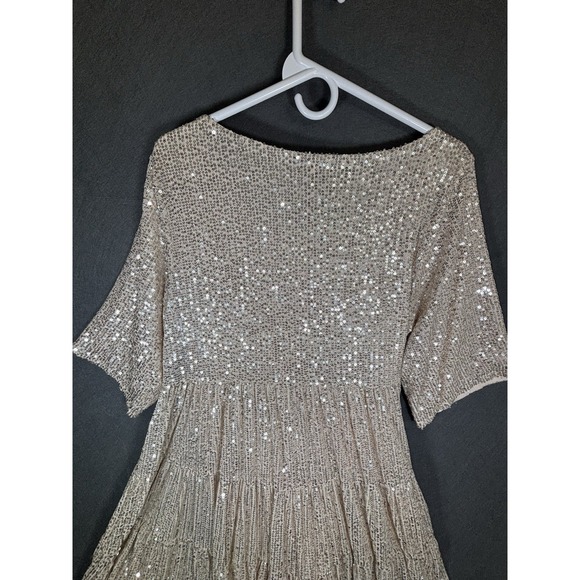 Amazing Lace Women's Sequin Babydoll Dress Size M Champagne Gold Balloon Sleeve - Picture 11 of 16